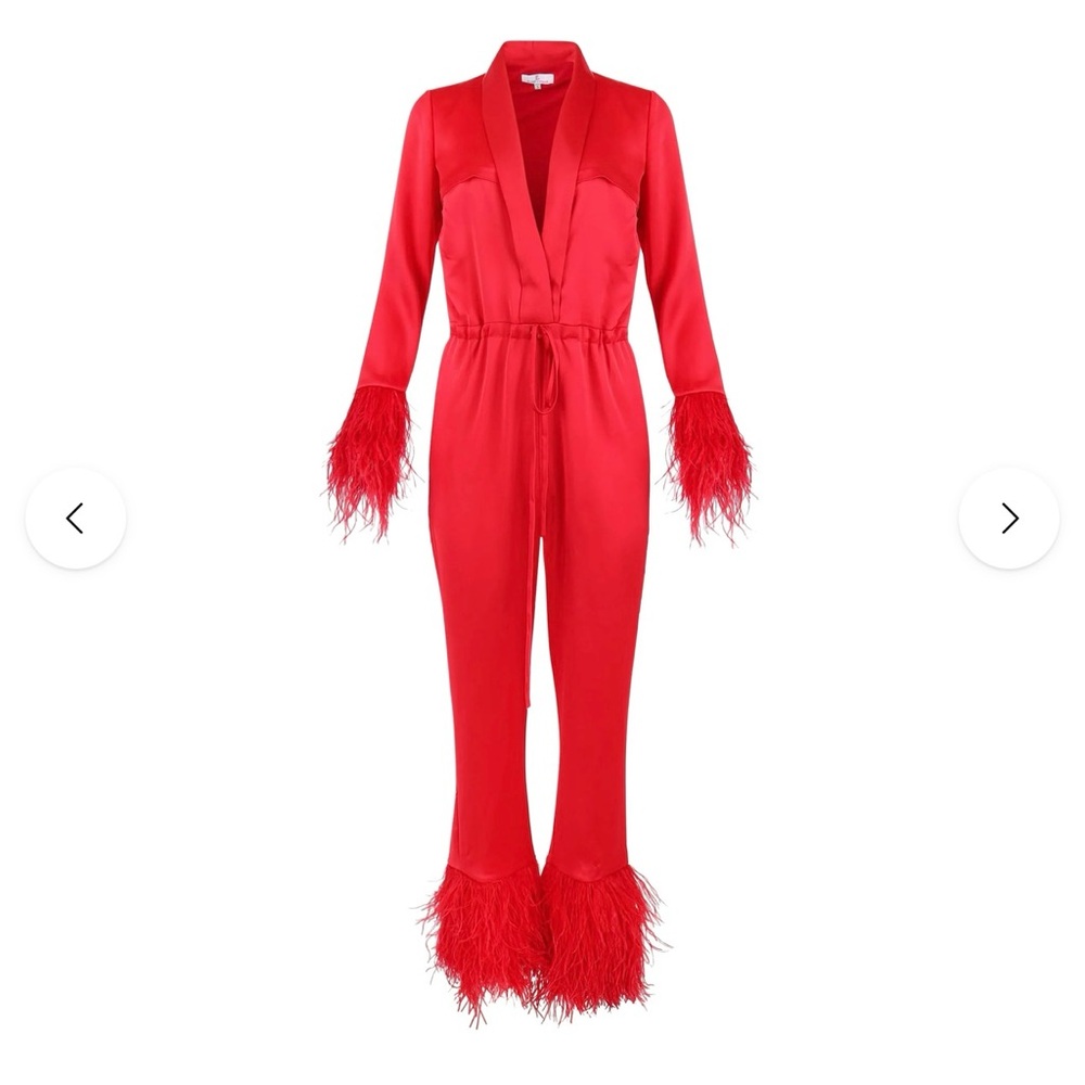 Elegant Red Feather-Trimmed Jumpsuit
